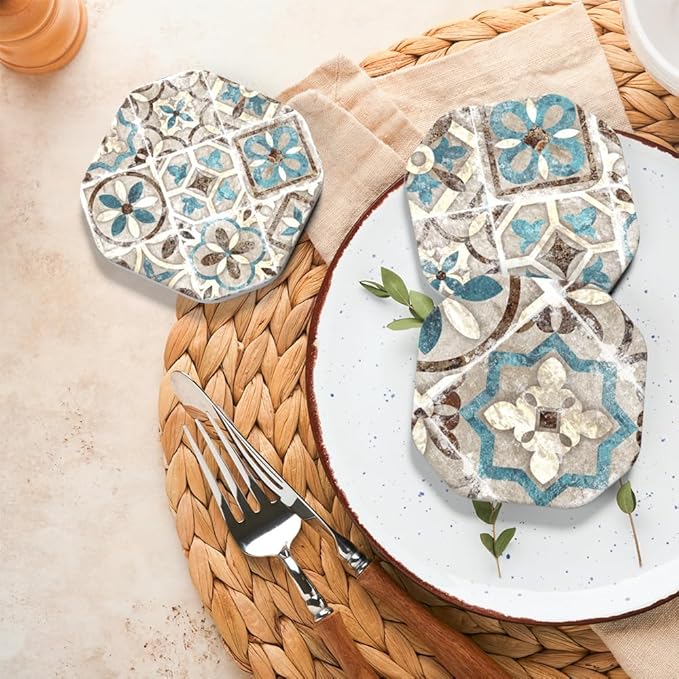 UMIRRO Drinks Coasters for Coffee Table Decor, Rustic Retro Boho Farmhouse Coasters, Absorbent Cup Mats for Wooden Table, Mandala Style, Unique Vintage Tile Design, Brown, 4", Set of 6
