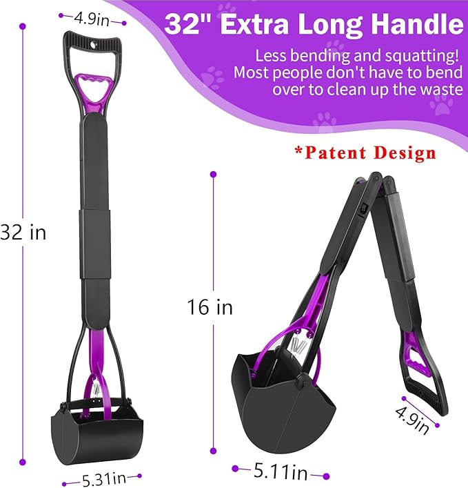 UPSKY 32'' Pooper Scooper for Large Small Dogs, Long Handle Dog Poop Scooper with Waste Bags, Portable Dog Poop Pick Up Tool, Folding Poop Scoop for Yard, Grass, Dirt, Gravel