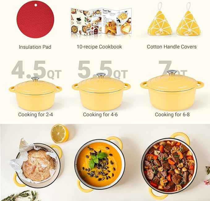 Overmont Enameled Cast Iron Dutch Oven - 5.5QT Pot with Lid Cookbook & Cotton Potholders - Heavy-Duty Cookware for Braising, Stews, Roasting, Bread Baking Goose Yellow