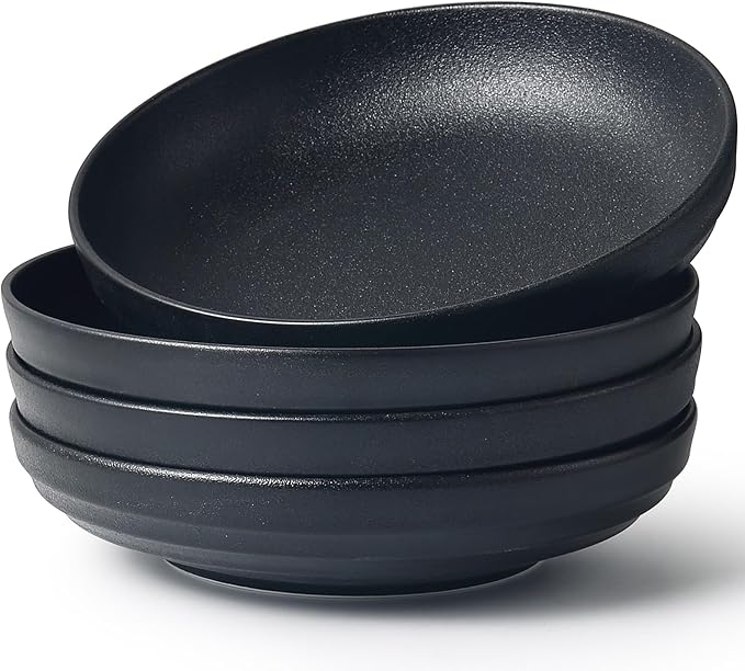 HAPPY KIT 9'' Large Pasta Bowls Stoneware Reactive Glaze, 42 Oz Large Salad Bowls Set of 4, Serving Bowls, Microwave Dishwasher Safe, Matte Black