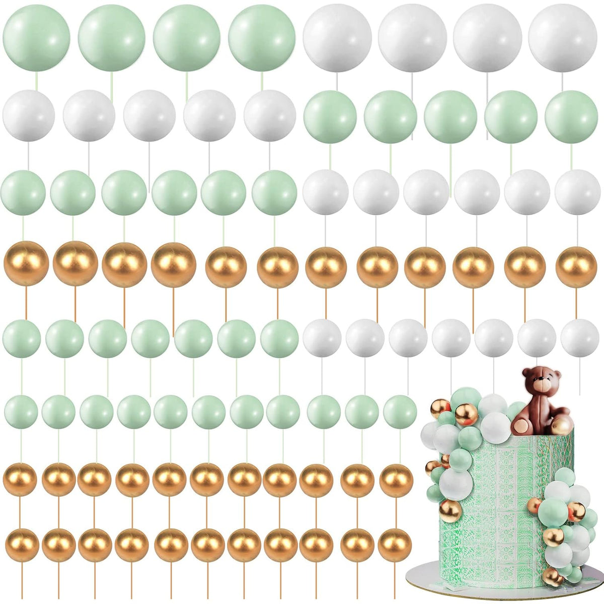 108 Pcs Balls Cake Topper DIY Cupcake Insert Foam Balloons for Cake Baking Wedding Anniversary Birthday Decoration(White, Green, Gold,Multi Sizes)