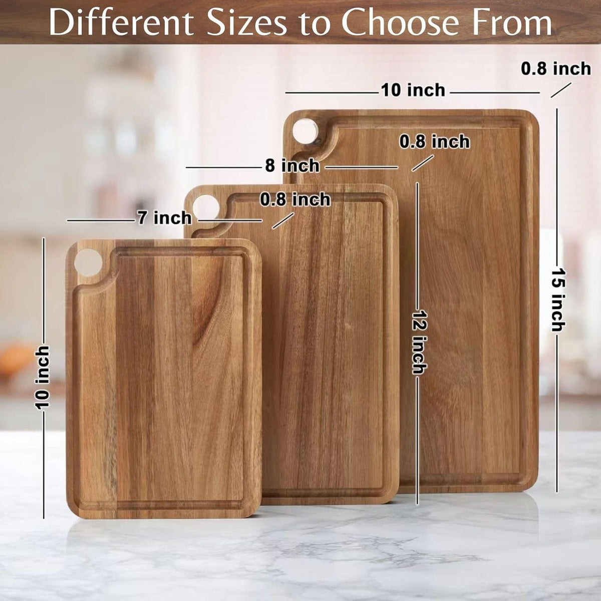 Acacia Wood Cutting Board (15x10x0.8 In.) - Solid Organic Wooden Meat Boards for Kitchen, Real Hardwood Chopping Butcher Block with Deep Juice Groove Well for Counter