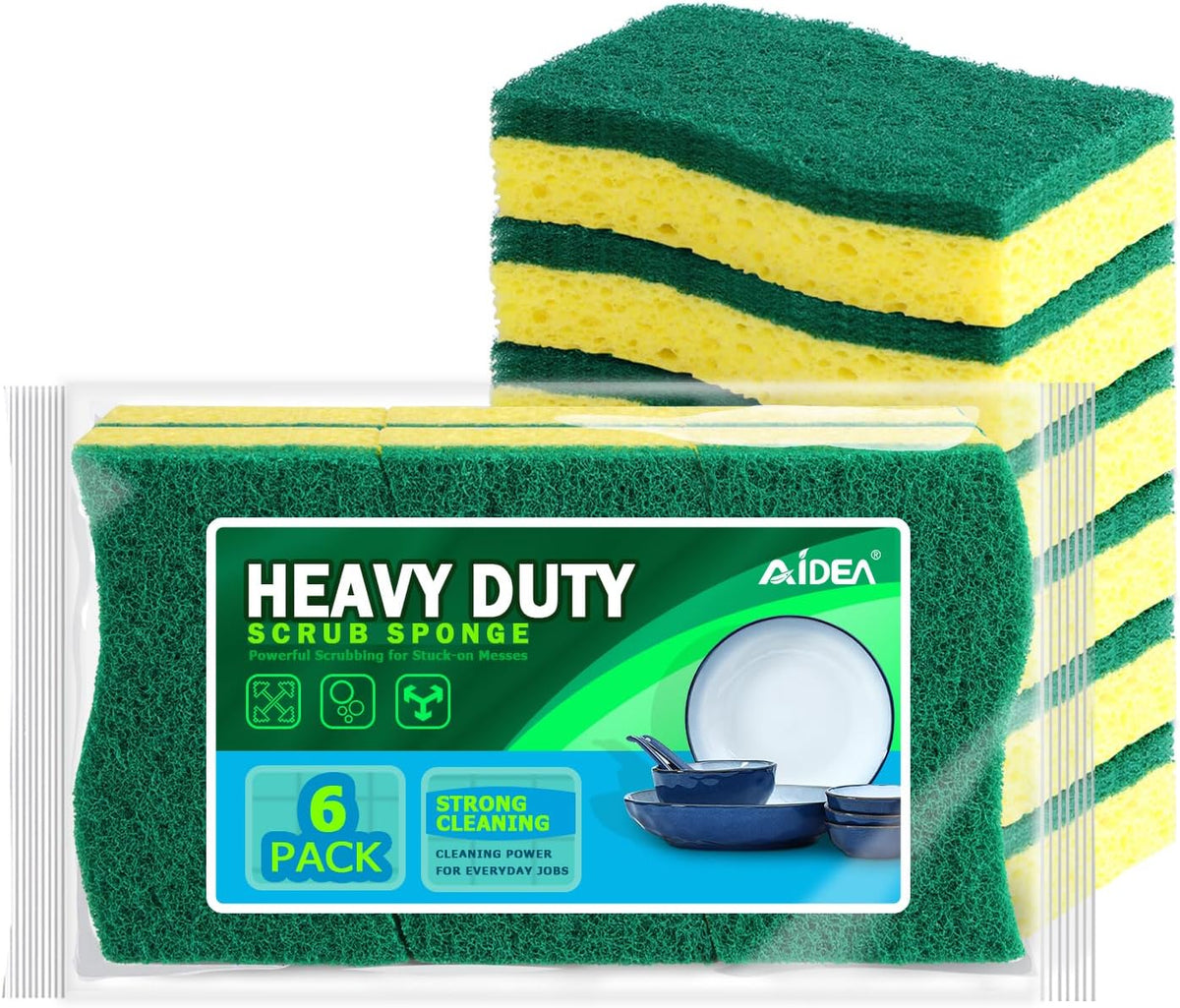 AIDEA Sponges Kitchen, Heavy Duty Scrub Sponge, 6Count, Sponges for Dishes, Cellulose Kitchen Sponge, Scrubbing Power for Tough Messes, Cleaning Power for Non Coated Cookware, Dishes, Pots, Pans
