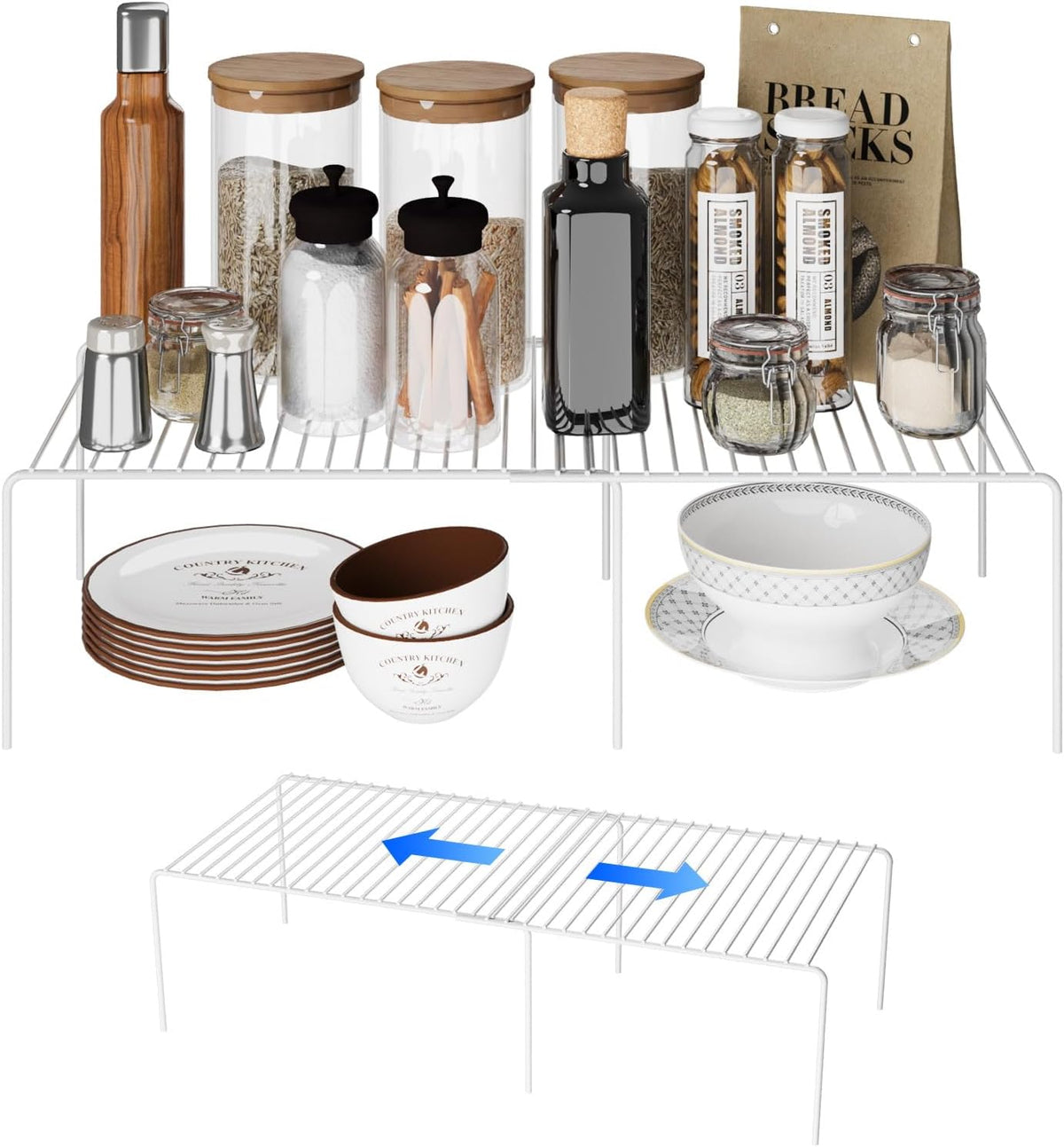 Expandable Storage Shelf, Pantry Organizers and Storage, Adjustable Rustproof Metal Wire Spice Rack, Space Saver Kitchen Storage Shelves for Pan, Pot, Countertop, Drawer, Fridge, Set of 2, White