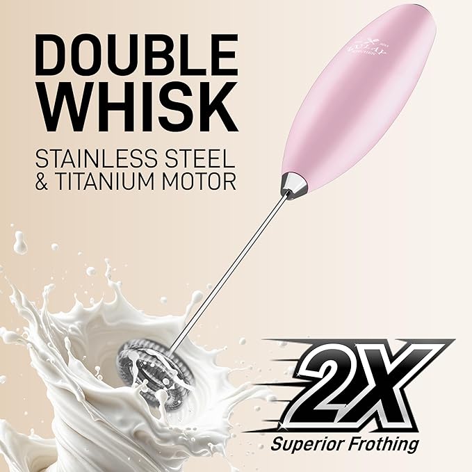 Zulay Kitchen Powerful Double Whisk Milk Frother Handheld - Foam Maker With Stand - Whisk Drink Mixer for Coffee, Mini Foamer for Latte, Matcha, Frappe, Hot Chocolate & Cappuccino - Pink