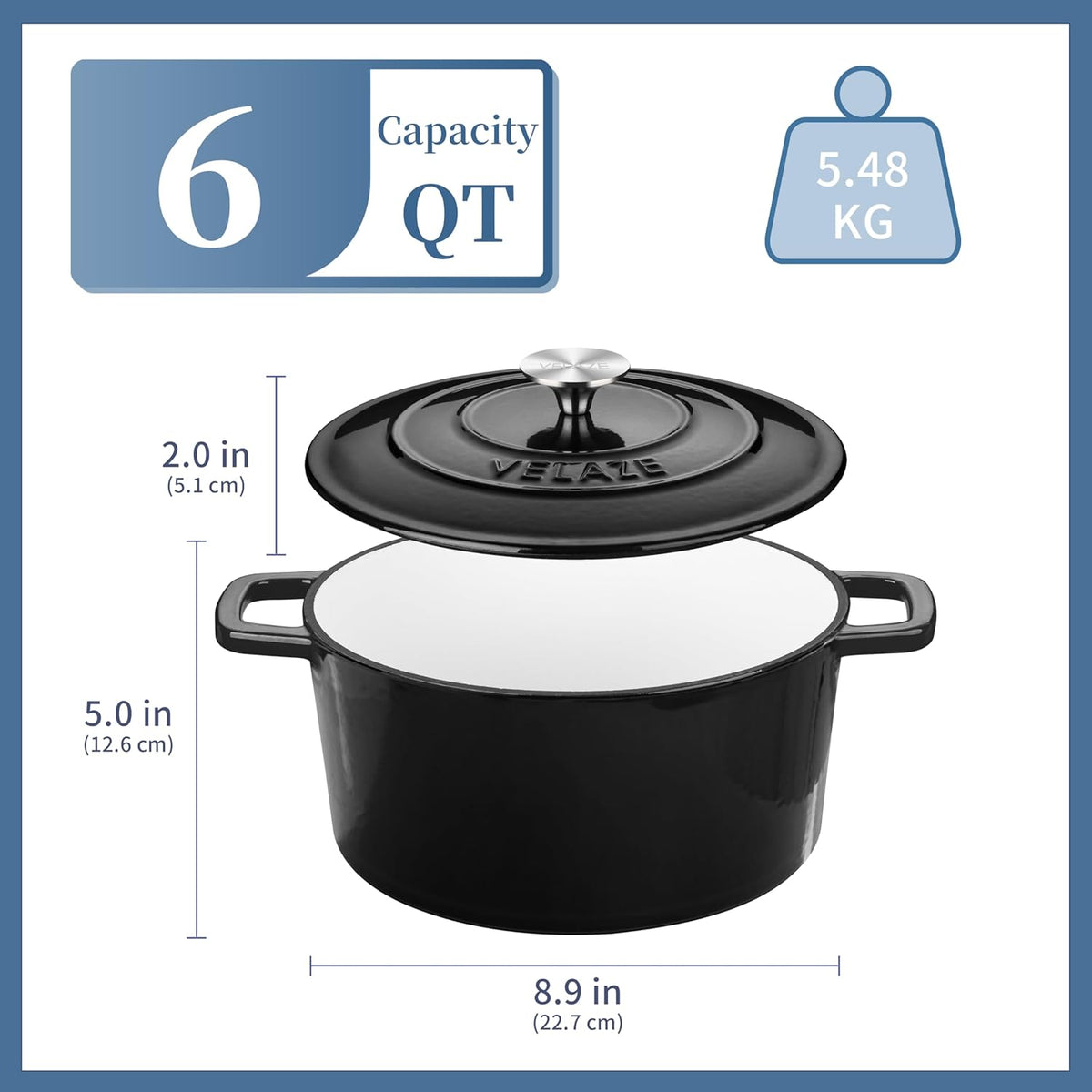 Velaze 6 QT Enameled Cast Iron Dutch Oven, Dual Handles Dutch Oven Pot with Lid,Heavy-Duty Non-stick Round Dutch Oven for Bread Baking, Stewing, Roasting, Good Sealing for All Heat Source (BLACK)