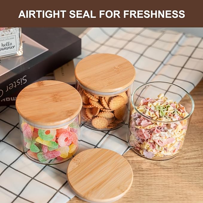 Liuruiyu Glass Food Storage Jars 6-Pack - 4x4 in-Clear Glass Food Canisters with Bamboo Lid Airtight For Serving Tea, Coffee, Flour, Sugar, Candy, Cookie, Spice and More (Circular)