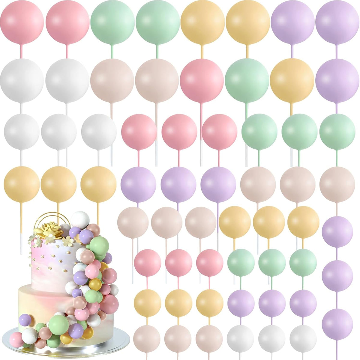 48 Pcs Balls Cake Topper Decorations Balloon Cupcake Toppers Foam Cake Topper Balls Cake Balls Decorations for Birthday Party Wedding Cake Decorating(Pink,Green,Yellow,Purple,Brown,White)
