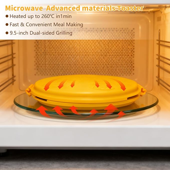 9.5" Microwave Grill Pan & Crisper Tray - 5-in-1 Nonstick Sandwich Maker, Pizza Pan & Bacon Cooker with lid,Dishwasher Safe Griddle for Grilled Cheese - College Dorm Room & Office Essentials