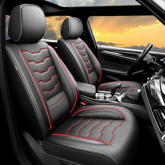 Fit Frontier Car Seat Covers Premium Leather for Nissan Frontier 2009-2025 2026. Waterproof， Breathable, Scratch-Resistant & All-Weather Seat Cushion Protector（Full Set,Red Line Black