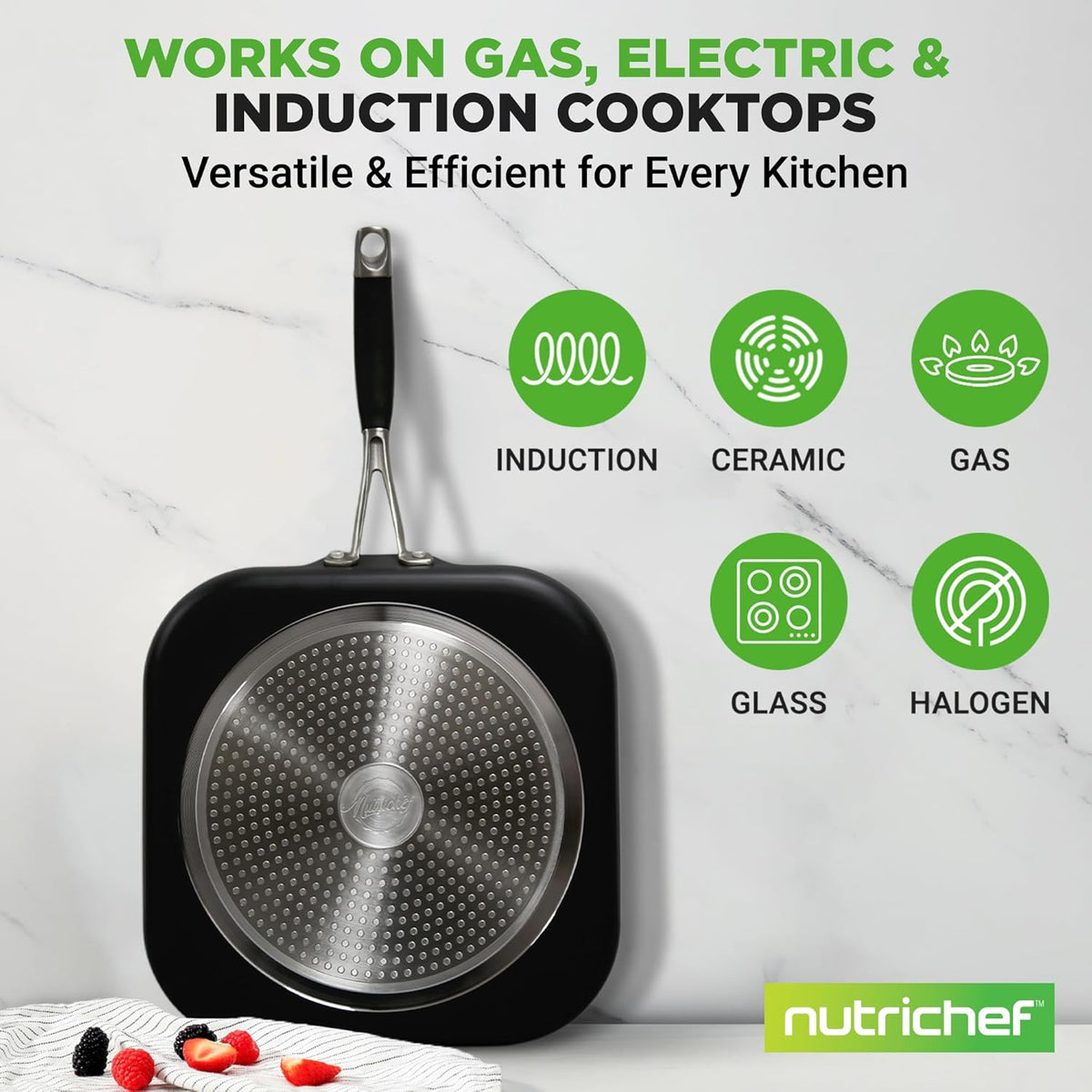 NutriChef Copper Pan Non-Stick Coating Inside, Hard-Anodized Look Heat Resistant Lacquer Outside, Silicone Handle NCSQPA, 1 Griddle