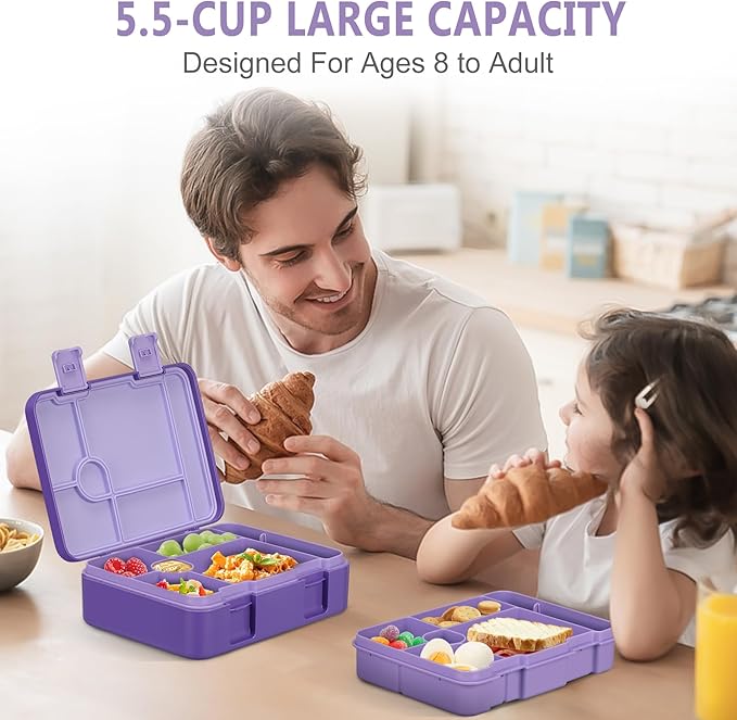 Kids Bento Lunch Box with Ice Pack, 5 Compartments Leak-Proof Bento Box with Utensils, 5.5-Cup Capacity for Adults & Ages 8+, BPA Free, Microwave & Dishwasher Safe, Purple