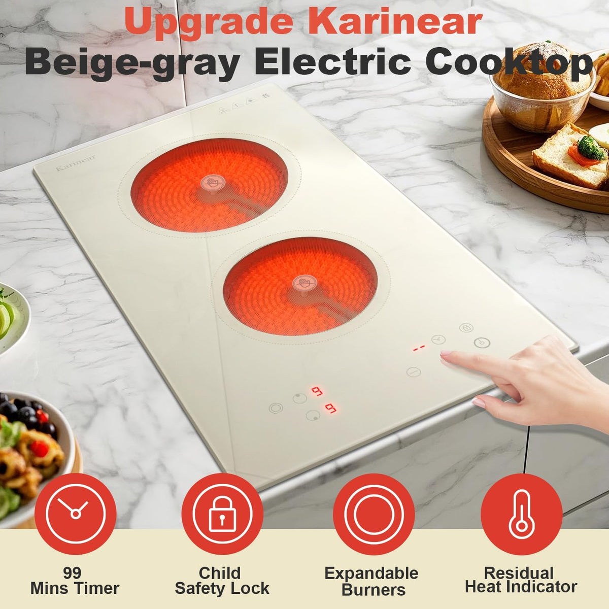 Karinear 2 Burners Electric Cooktop, Beige-gray Glass Electri Cermaic Stove, 12 Inch Built-in Electric Stove Top with Timer, Child Safety Lock, 9 Power Levels, 3200W, 220V-240V Hardwire(no plug)