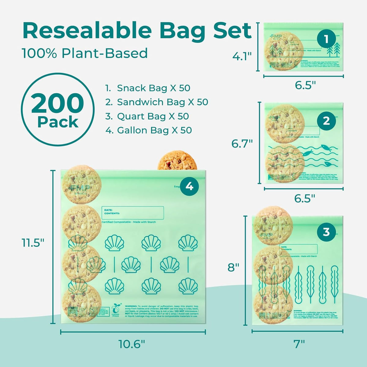 Fit Meal Prep 100% Compostable Food Storage Bags Set, Resealable Bags Plant-Based Freezer Bag for Food, ASTM D6400, US BPI & EU OK Compost Certified
