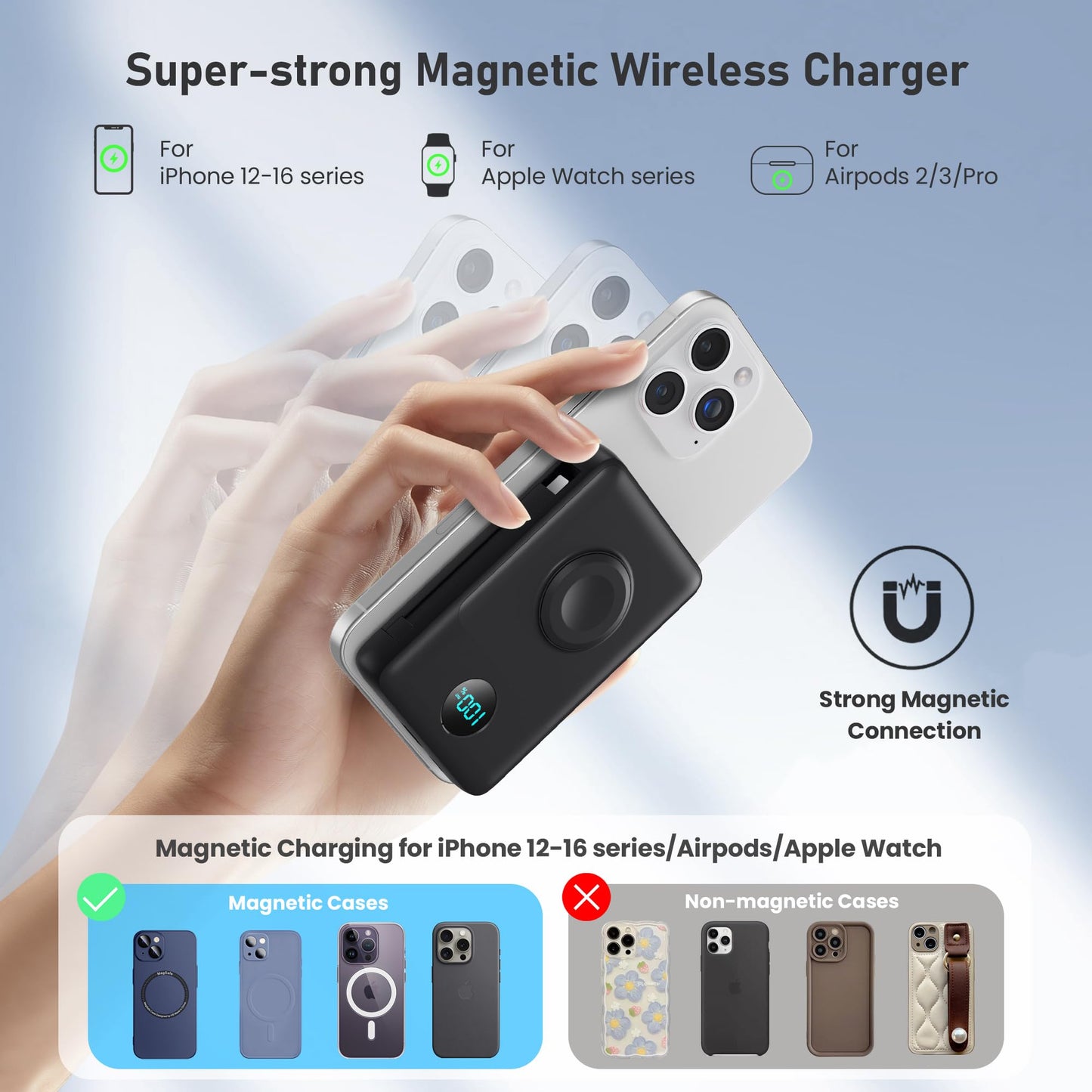 Ekrist Magnetic Portable Charger 10800mAh for MagSafe with Built-in Cable,iWatch Charger,Wireless Power Bank Travel Essentials,25W Fast Charging Battery Pack for iPhone 17/16/15/14,Apple Watch(Black)