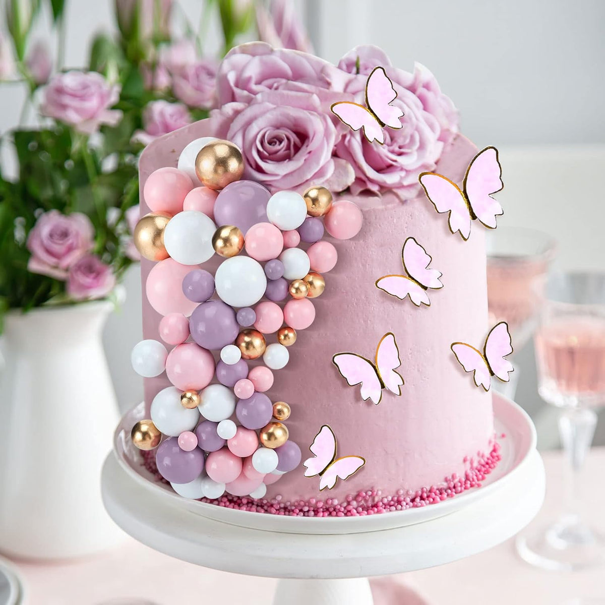 108 Pcs Balls Cake Topper DIY Cupcake Insert Foam Balloons for Cake Baking Wedding Anniversary Birthday Decoration(Pink, Purple, White, Gold,Multi Sizes)