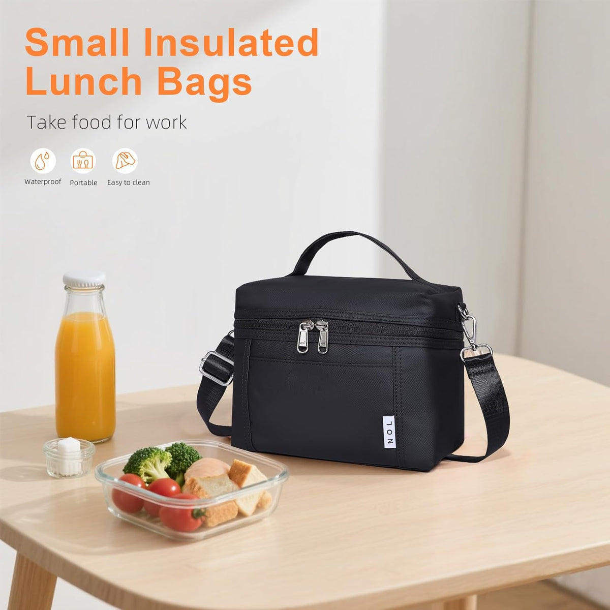 NOL Natural Organic Lifestyle Small Insulated Lunch Bags for Women Cooler Bag Lightweight Nylon Waterproof Lunch Box For Work（Small，Black）