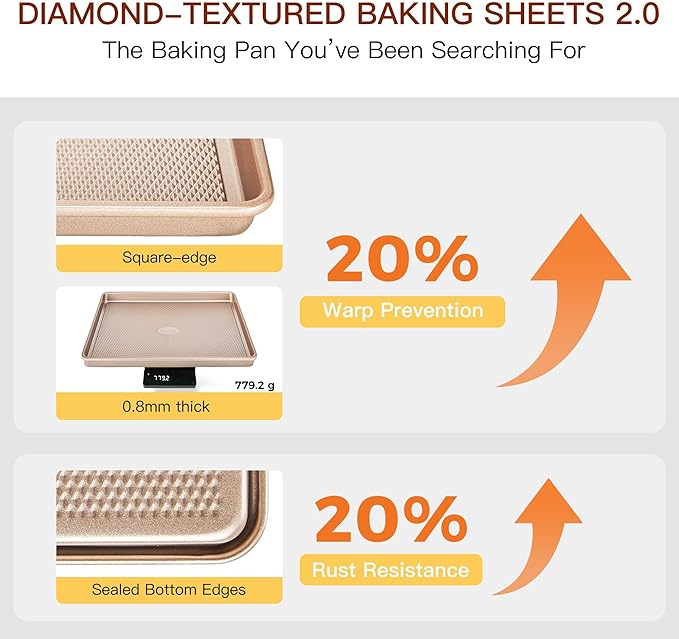 HONGBAKE 3 Pack Gold Nonstick Baking Sheet Pan Set with Oven Mitts Heat Resistant, Non-Toxic Half/Quarter/Jelly Roll Pans with Diamond Texture Pattern, Heavy Duty 0.8mm Thick Cookie Trays for Cooking
