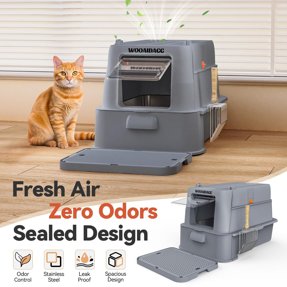 Wooaidagg Enclosed Stainless Steel Cat Litter Box with Odor Control, Modular Design with Drawer and Flip Door, Easy to Clean and Wash,Non-Stick Interior,Extra Large Size Fits All Cats(Dark Grey)