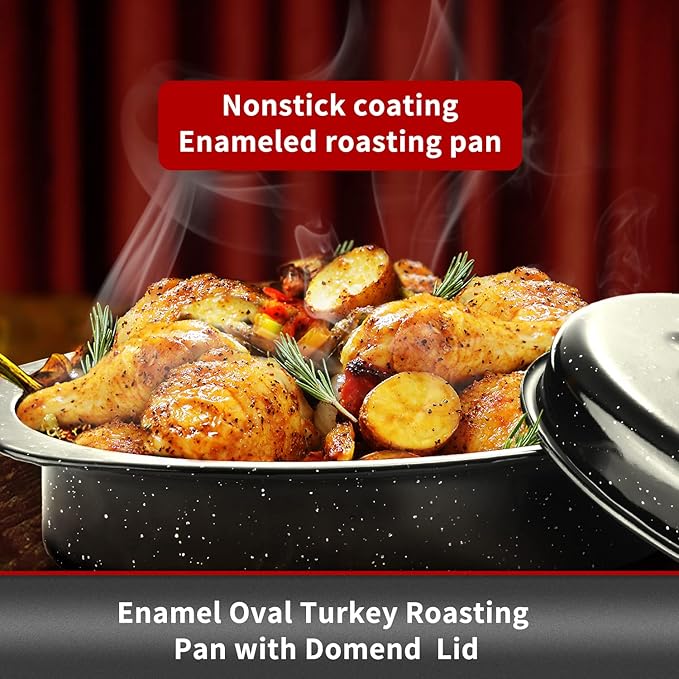JY COOKMENT Granite Roaster Pan, Small 13” Enameled Roasting Pan with Domed Lid. Oval Turkey Roaster Pot, Broiler Pan Great for Small Chicken, Lamb. Dishwasher Safe Cookware Fit for 7Lb Bird