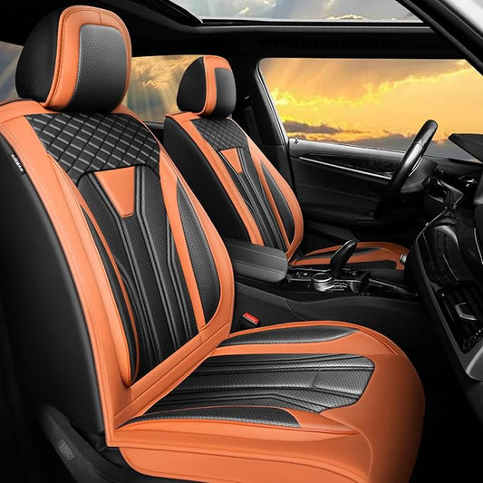Fit Frontier Car Seat Covers Premium Leather for Nissan Frontier 2009-2025 2026. Waterproof， Breathable, Scratch-Resistant & All-Weather Seat Cushion Protector（Full Set,Orange&Black