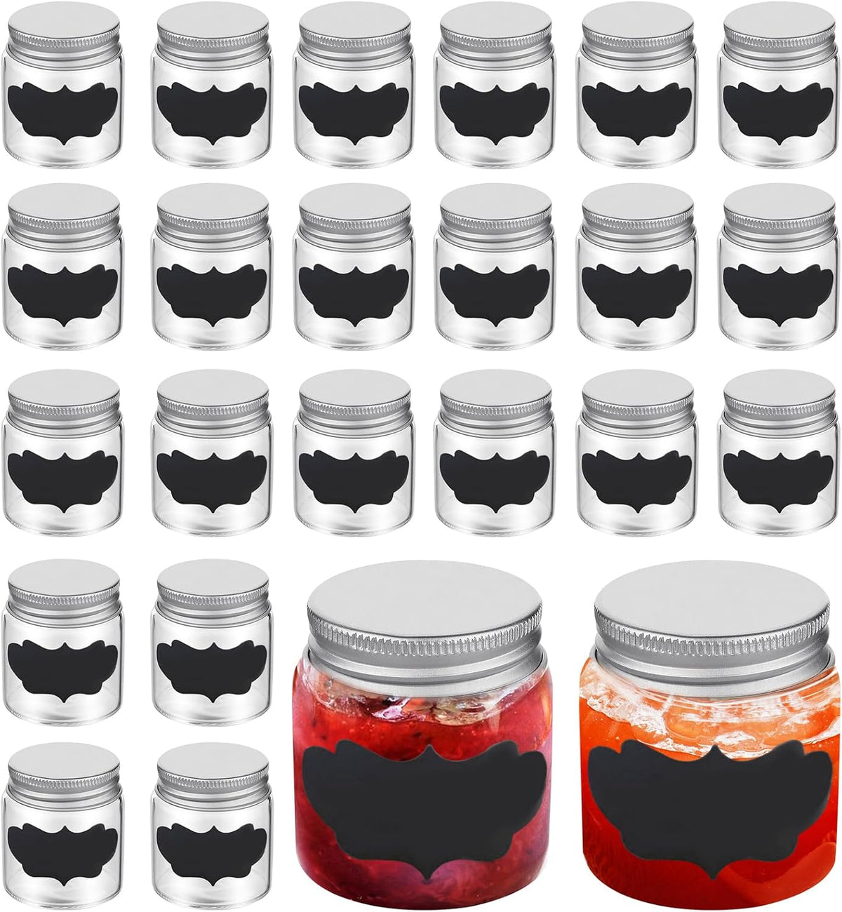 24 Pack 2oz Mini Mason Jars, Mini Mason Glasses Jar with Lids, Mason Jar with Silver Lid and 24 Pcs Labels Round Clear Food Container Spice Jars for Jam, Honey, Wedding Shower Favors
