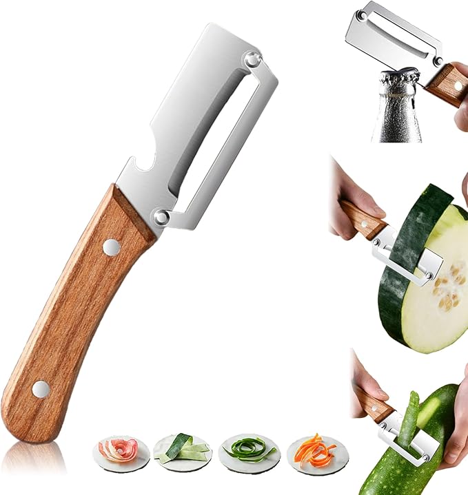 Multi-Functional Vegetable Peeler for Kitchen with Wooden Handle and Bottle Opene, Non-Slip Ergonomic Handles, Stainless Steel Blade Kitchen Tool for Vegetables or Fruits that Need to Be Peeled