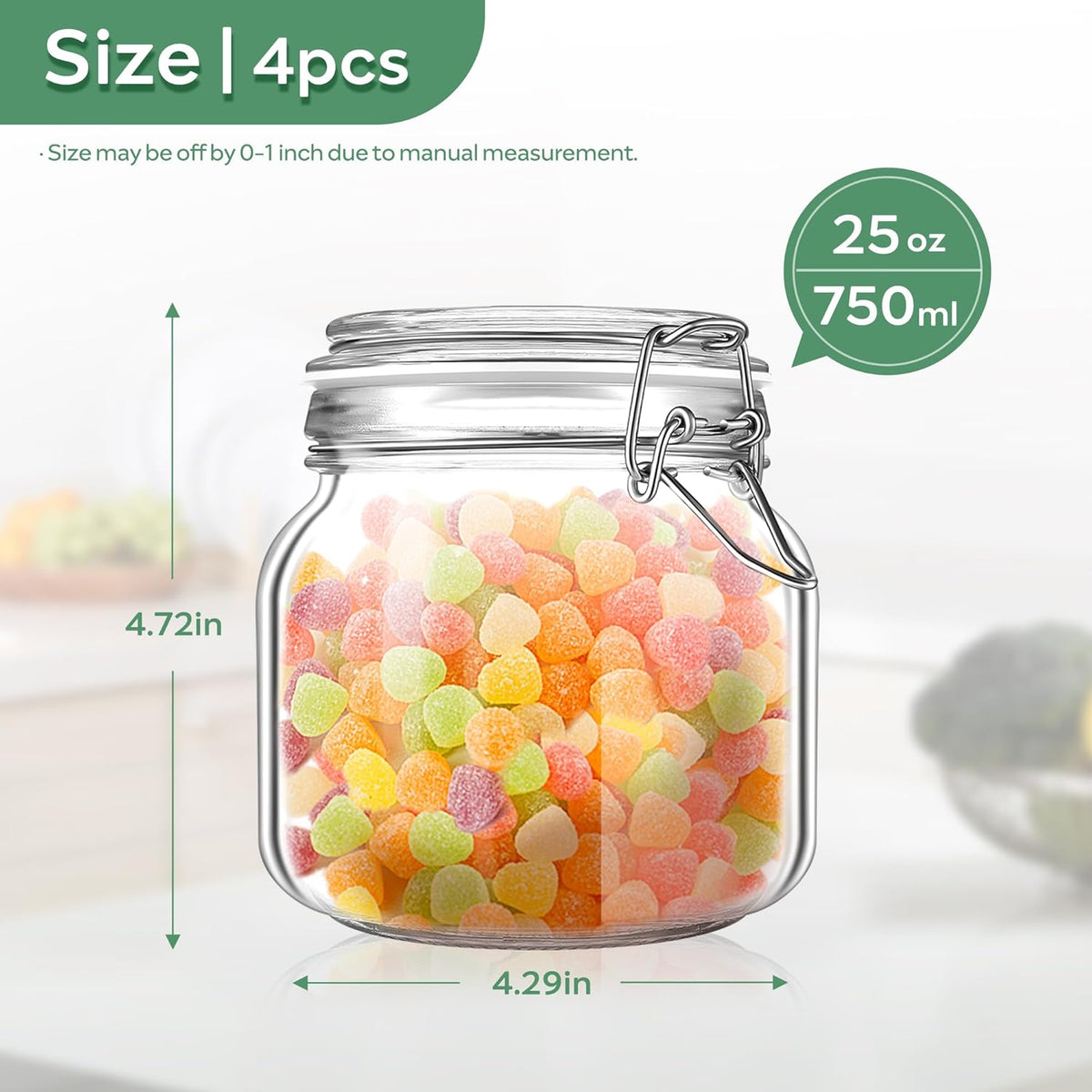 Glass Food Storage Jars with Airtight Lids 25 oz Square 4 Pack Kitchen Storage Containers Cabinet Canisters Sealed Pot Canning for Pasta, Cereal, Coffee, Beans, Spice