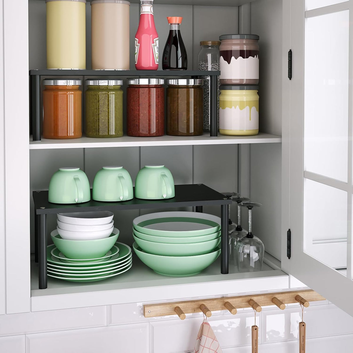 Cabinet Organizer Shelf(Set of 2),Kitchen Counter Shelves,Bamboo Spice Rack Countertop and Cabinet,Stackable Expandable,Large(Black)