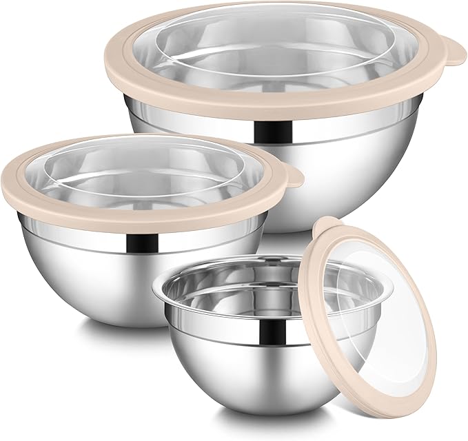 LIANYU Mixing Bowls with Visible Airtight Lids, 3Pcs Stainless Steel Large Metal Nesting Kitchen Bowls Set, 4.6 & 3 & 1.5QT Size Ideal for Mixing, Baking, Serving, Dishwasher & Freezer Safe, Khaki