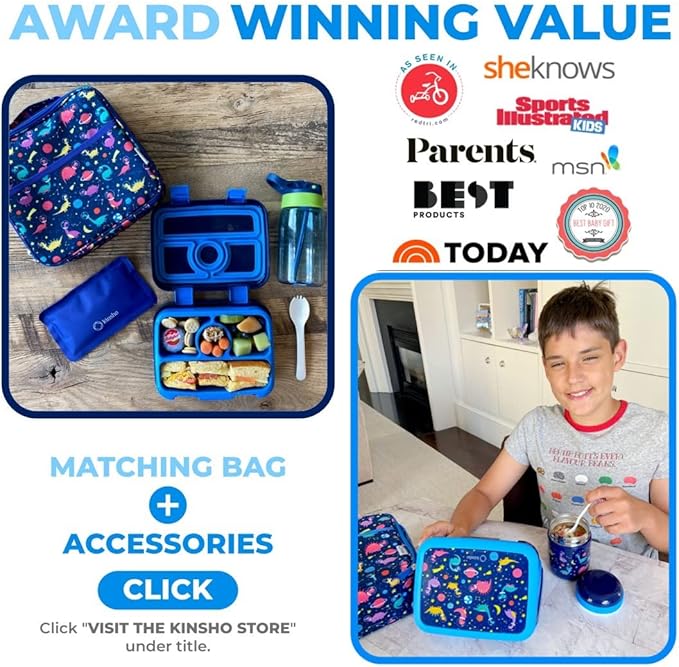 Bento Lunch Box with Bag, Water Bottle & Ice Pack Set for Kids Toddlers, 4 Portion Sections, Removable Tray, Pre-School Boy Toddler Daycare Lunches, Insulated Snack Container, Blue Space Dinosaur