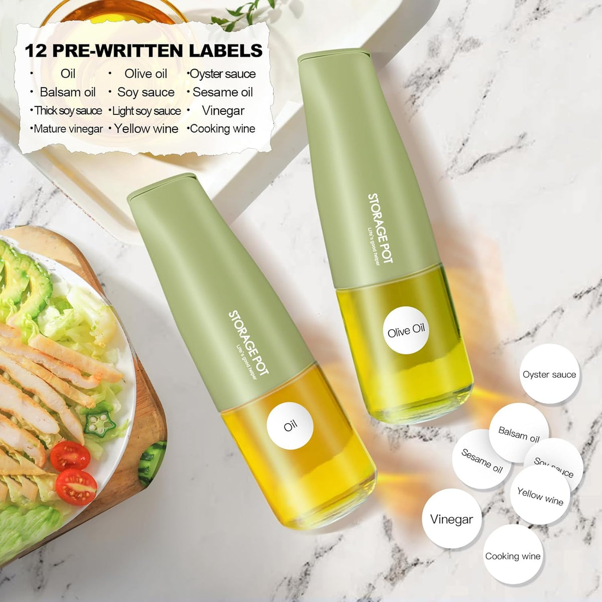 YARRAMATE Large Capacity Aesthetic Olive Oil Dispenser for Kitchen, 500ml /17oz Cooking Glass Vinegar Drizzler, Leak Proof Oil Bottle, Non-Drip Soy Sauce Dispenser, Oil Pourer & Labels(Green)