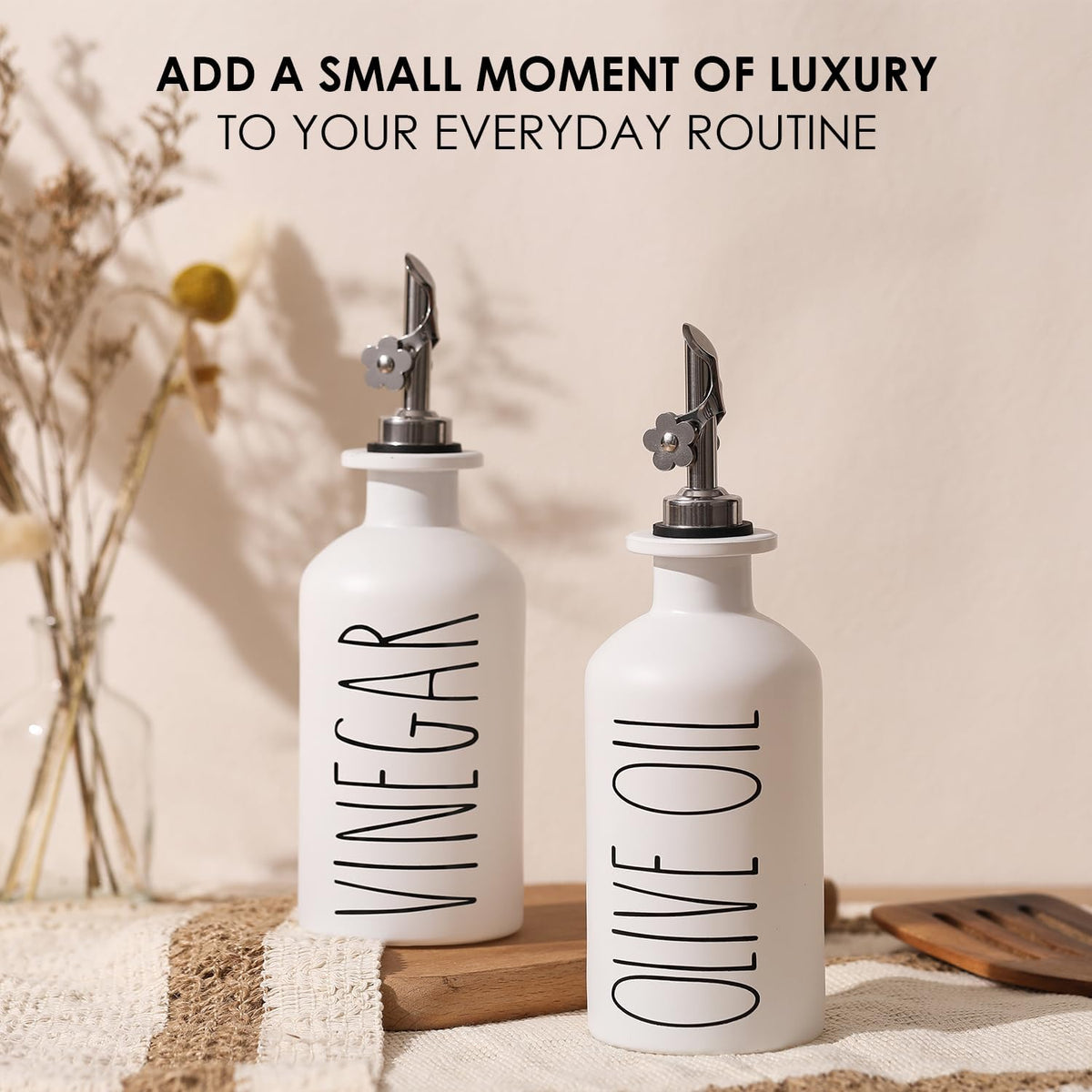 HOMCDALY Premium Olive Oil Dispenser for Kitchen, 11.8oz Glass Oil Bottles with Bamboo Tray, White Oil&Vinegar Cruet Set, Kitchen Dispenser Bottles with Pourer| Set of 2 (11.8oz –P–White)