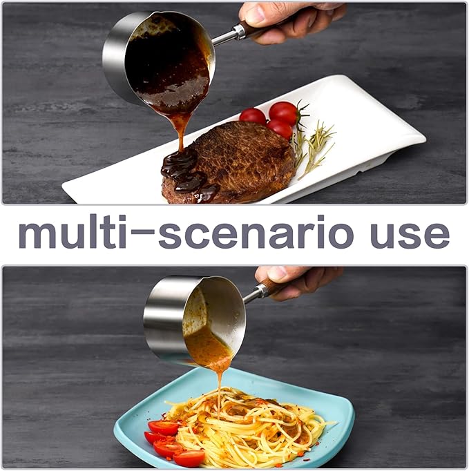 stainless steel mini pot - butter warmer, 8.5fl oz (250ml) coffee/milk warmer, mini sauce pan for coffee, ideal for seafood butter warmers,melting pot With dual spouts and wooden handle