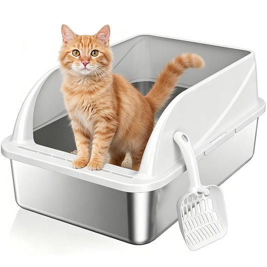 Stainless Steel High-Sided Cat Litter Box with Scoop - Medium,Gray
