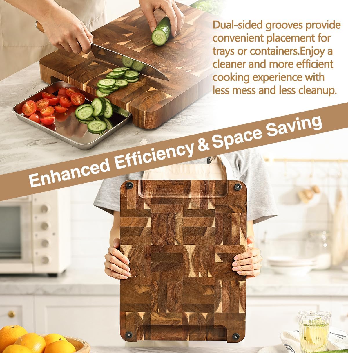 XINZUO Large Thick End Grain Acacia Wood Cutting Board -(16‘’L x 12''W x 1.6''T)-Dark Wood Cutting Board,Reversible Wooden Chopping Board with Non-Slip Feet-Catches Food and Waste-Giftbox