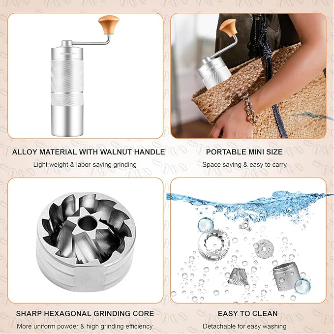 M6 Manual Coffee Grinder,Conical Hexagonal Burr & Double Bearings for Smooth Grinding,Designed for Espresso Pour Over French Press,25g Capacity,Compact & Portable,Gifts for Coffee Lovers