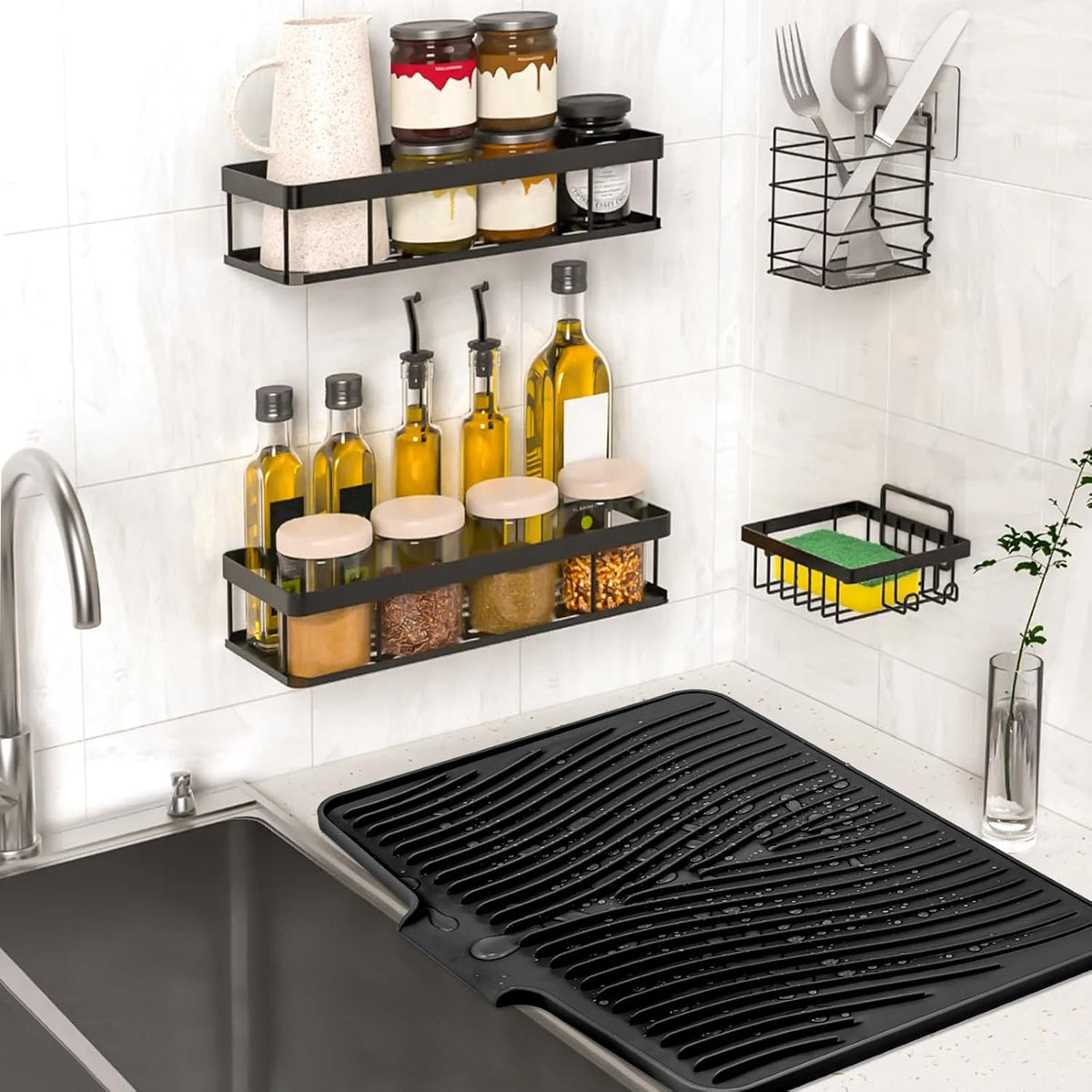 Silicone Dish Drying Mat, Stone Drying Mat for Kitchen Counter with Built-In Drain, Non-Slip Drain Pad with Built-in Drain, Heat Resistant Stone Drying Mat, 1Pcs 19.7" x 17", Black