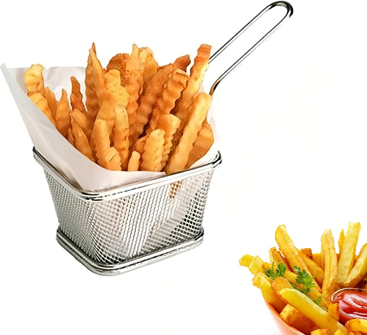 Stainless Steel Mini Square Fry Basket French Fries Holder, Fried Food Table Serving (Small 4inch)