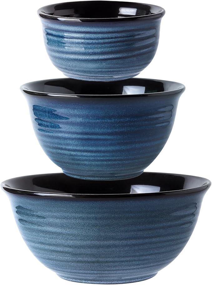 Ceramic Mixing Bowls, Tikooere Serving Bowls Set of 3 for Kitchen, Large Nesting Bowls for Cooking,Baking, Versatile Serving Dishes for Space Storage, 2.1/1.0/0.5 Qt, Dishwasher & Microwave Safe, Blue