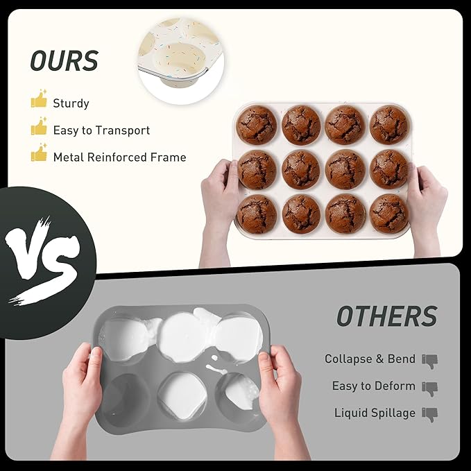 2 Pack 12 Cups Silicone Muffin Pan with Metal Reinforced Frame Regular Size Silicone Molds Cupcake Cake Baking Pans Cookie Baking Chocoflan Cupcake Mold Nonstick Muffin Tin Home Baking Supplies