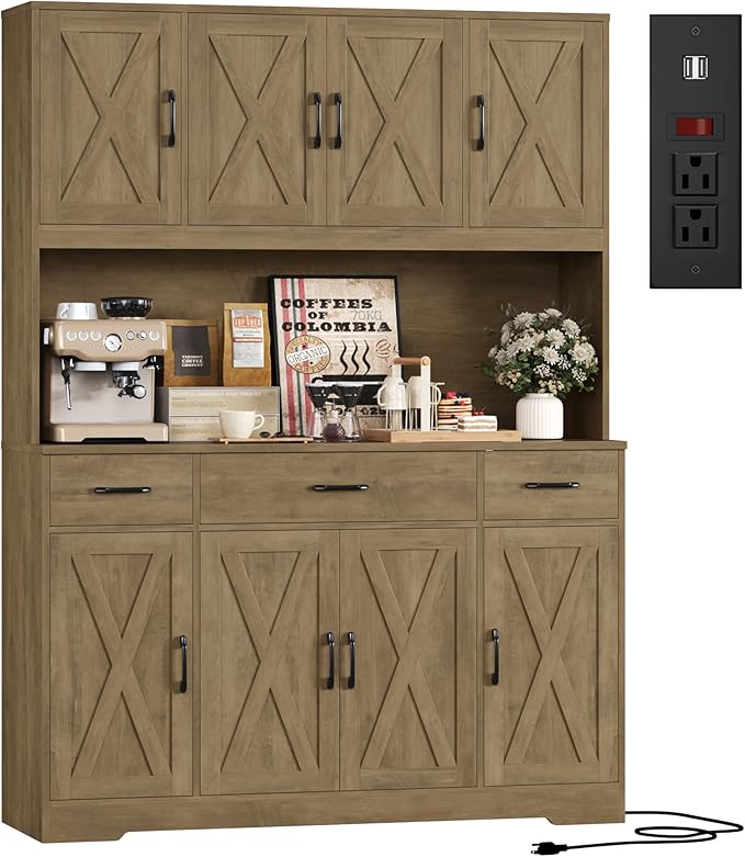 HOSTACK 71" Tall Kitchen Pantry Storage Cabinet with Charging Station, 55" Wide Kitchen Hutch Cabinet with Large Countertop, Farmhouse Food Pantry with Drawers for Living Room (Rustic Brown)