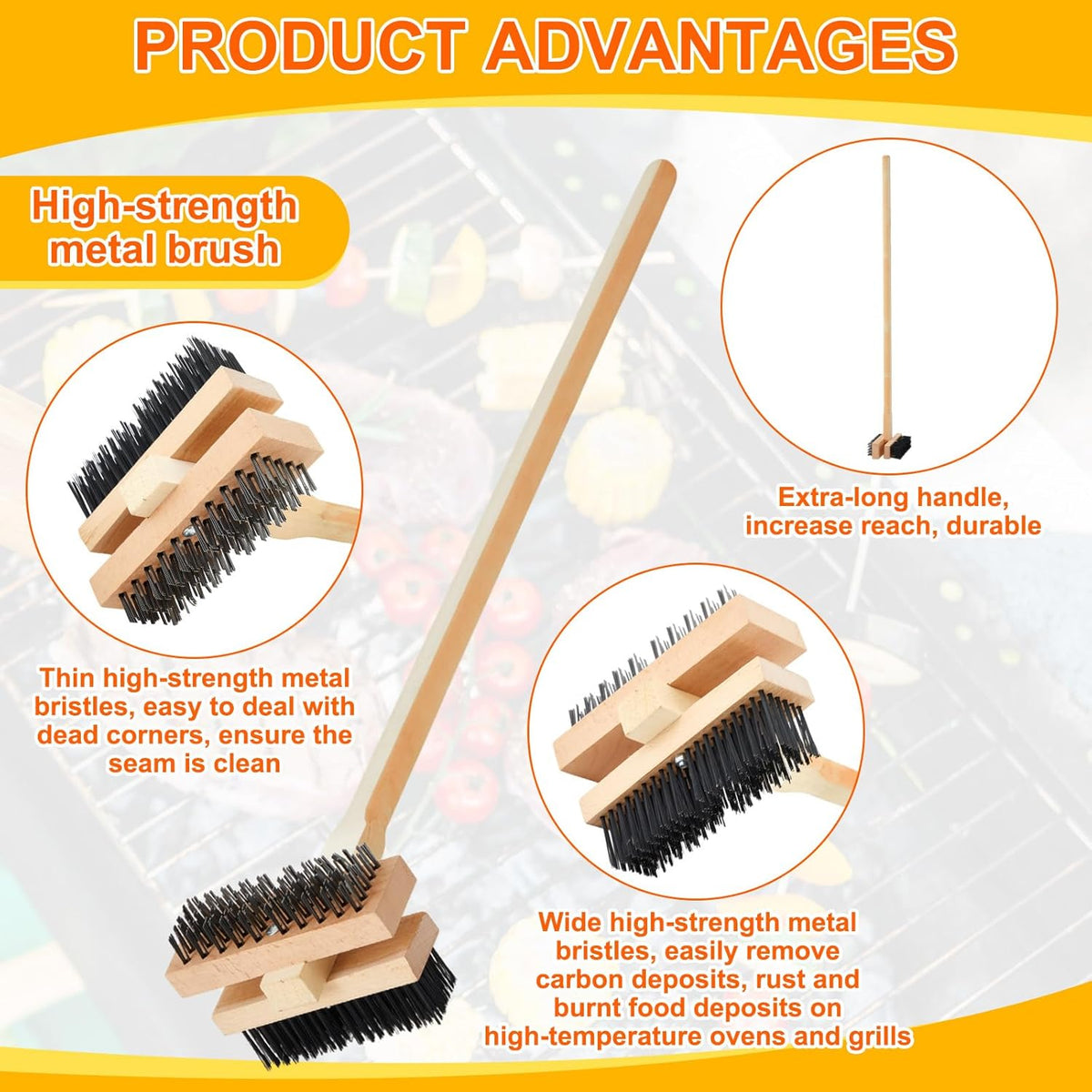 2 Pack Stainless Steel Grill Brush 48 Inch Large Double Ended Grill Brush with Long Handle for Commercial BBQs Outdoor Good Picnic Restaurant Kitchens Dealing with Grease Residue and Buildup