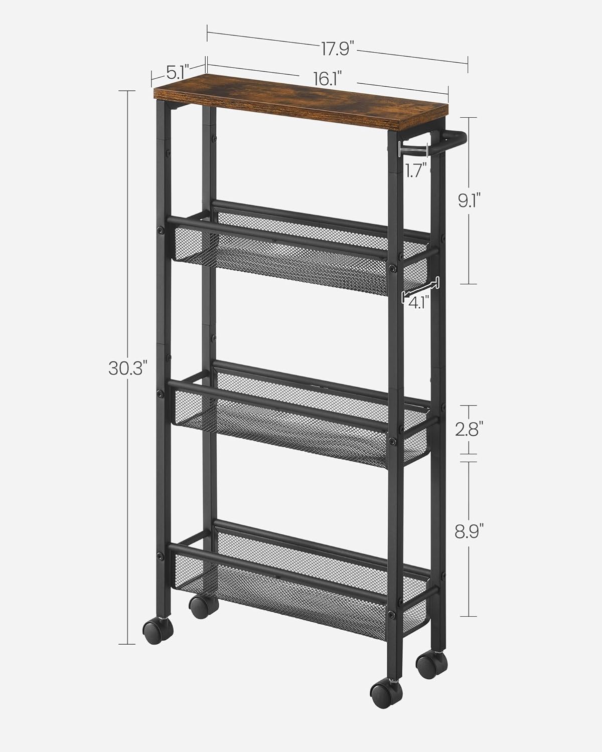 VASAGLE Slim Rolling Cart, 4-Tier Narrow Storage Cart with Handle, 5.1 Inches Deep, Metal Frame, for Kitchen, Dining Room, Living Room, Home Office, Rustic Brown and Classic Black ULRC032B01V1