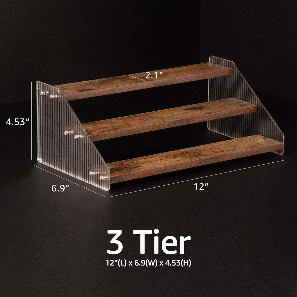 nianfeng Tiered Spice Rack, 3-Tier Spice Pantry Kitchen Cabinet Organizer, 12-Inch, Natural Wood Acrylic Stair Riser Stand, Countertop Seasoning Shelf (Rustic Brown)