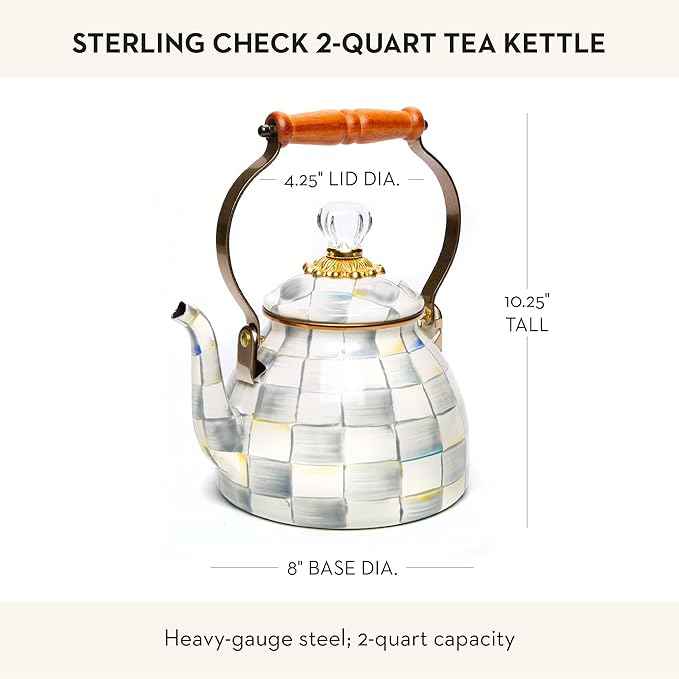 MACKENZIE-CHILDS Enamel Tea Kettle, Stylish Tea Kettle for Stovetop, Grey-and-White Sterling Check, 2 Quarts