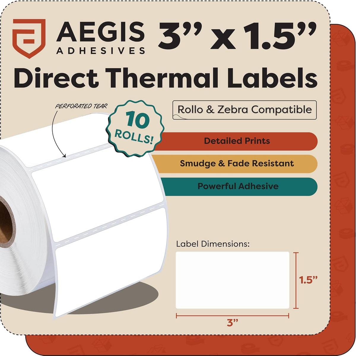 Aegis Adhesives - 3” X 1.5” Direct Thermal Labels for Shipping & Postage, Perforated & Compatible with Rollo, Zebra, & Other Desktop Label Printers (10 Rolls, 900/Roll)