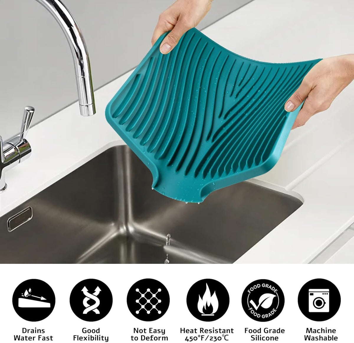 Silicone Dish Drying Mat, Stone Drying Mat for Kitchen Counter with Built-in Drain, Non-Slip 15.8" X 13" Drying Matt Kitchen Counter and Grey Microfiber Cleaning Cloth, Cleaning Rags Set(Green)