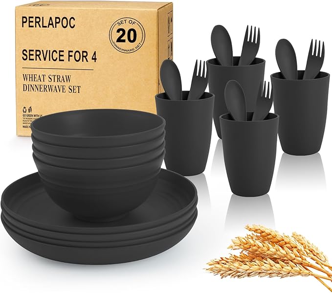 Wheat Straw Dinnerware Sets, Unbreakable Kids Plates and Bowls Sets 20-Piece Service for 4, Alternative Plastic Outdoor Camping Dishes, Microwave & Dishwasher Safe - Black