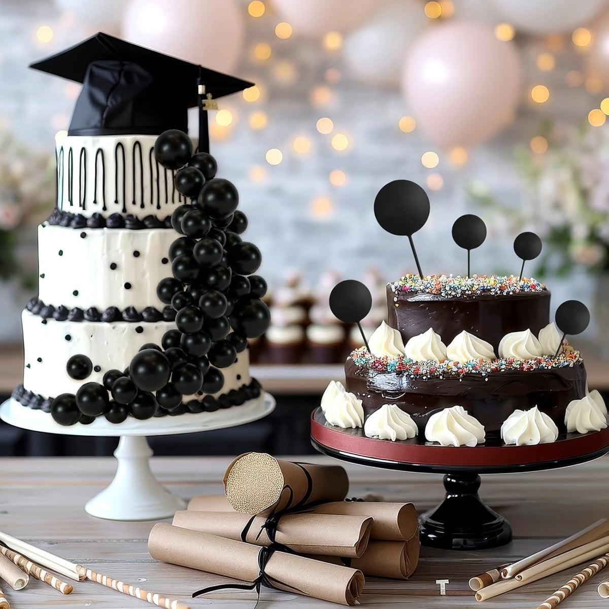 48 Pcs Balls Cake Topper Decorations Balloon Cupcake Toppers Foam Cake Topper Balls Cake Balls Decorations for Birthday Party Wedding Anniversary Cake Decorating (Black)